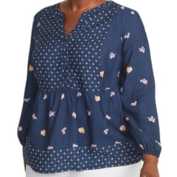 Old Navy navy blue button front mixed print poet blouse size M - Picture 1 of 6